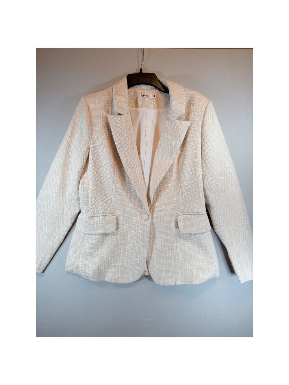 Luvamia Womens Cream Tweed Blazer Single Button Notched Lapel Jacket Size M